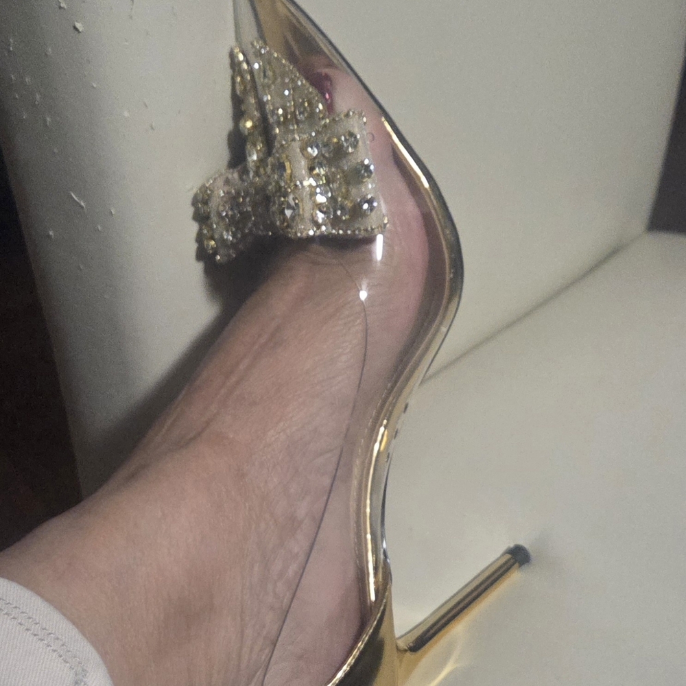 Glamorous Gold Heels with Embellished Bow